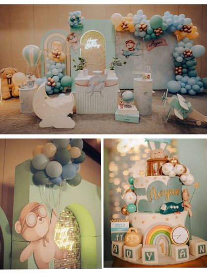 A collage of our 'Little Explorer' travel-themed party, featuring a hot air balloon, a cute pilot monkey, and a detailed, travel-inspired cake.