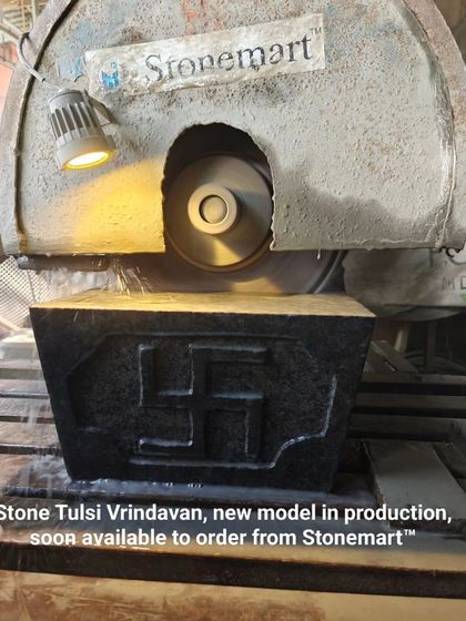 Our new stone Tulsi Vrindavan model, featuring a hand-carved Swastik, will soon be available to order. This image shows the piece during the cutting process.