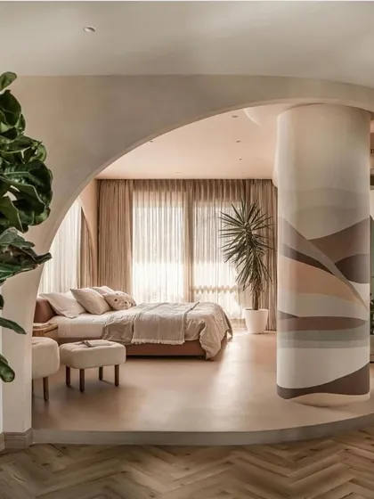 The master bedroom from our "Marshmallow" project, featured by FOAID, highlighting the custom wallpapered column and arched opening.