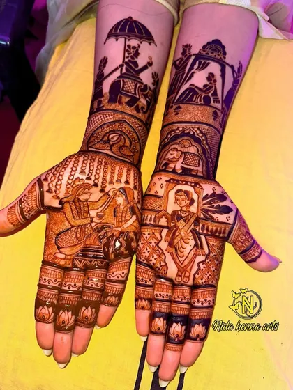 A clear shot of the full bridal mehandi, showcasing the combination of different wedding rituals in one cohesive design.