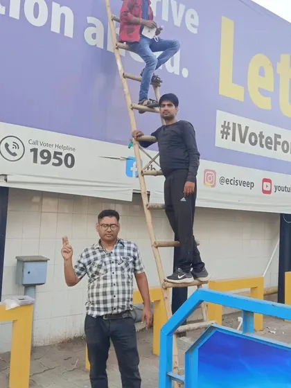 Here I am with my team during an installation at a Bharat Petroleum pump in Mangolpuri. We handle all aspects of the job, including high-level camera mounting, to ensure complete site coverage.