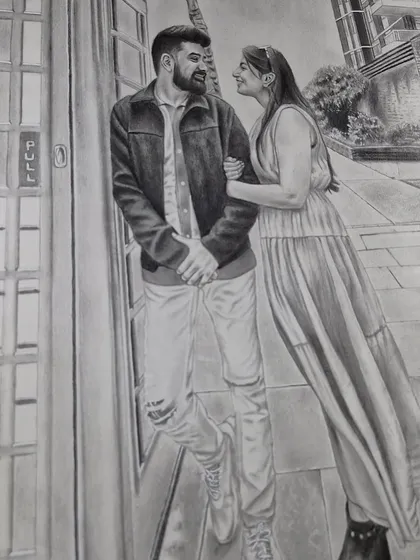 A full-length couple portrait, capturing a romantic moment. My sketches can include backgrounds and full figures to tell a bigger story.