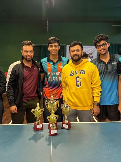 A group photo with Aakash and Samyak, who secured both the winner and runner-up positions in two categories at the State Championship.