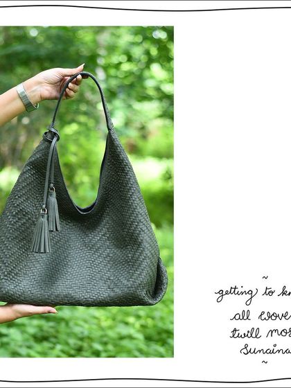 Another view of the All Woven Twill Moss Sunaina, showcasing its soft, slouchy shape and generous size.