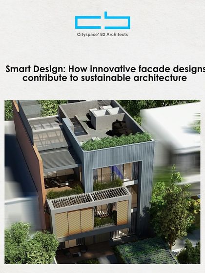 A title card for a series on how innovative facade designs contribute to sustainable architecture. The image shows a modern home with a green roof and mixed-material facade.