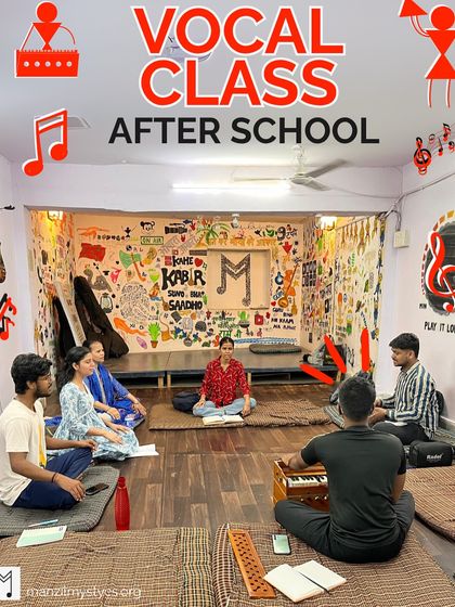 Our "Vocal Class After School" provides a dedicated space for students to practice and find their voice. The room is designed to be inspiring, with musical art covering the walls.