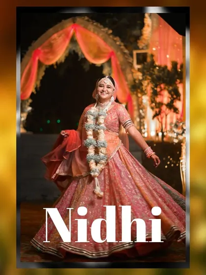 A framed portrait of Nidhi, highlighting her name and her radiant presence. This style is perfect for a wedding album cover or a feature image in the wedding story.