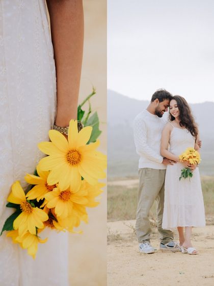 A diptych focusing on the details, one shot on the bright yellow flowers and the other on the couple's gentle embrace.