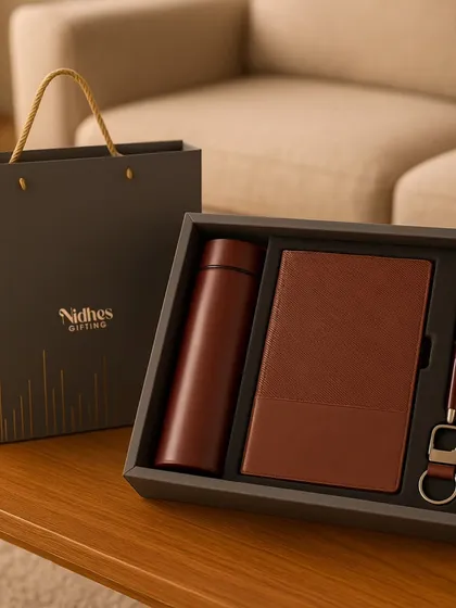 For a modern and sophisticated corporate statement, this sleek gift set is an ideal choice. It includes a premium leather-finish notebook, a matching pen, a matte thermos flask, and a keychain, all presented in a sharp, professional package perfect for new joiners or client appreciation.