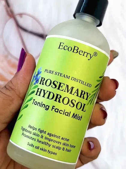 A close-up of our Rosemary Hydrosol Toning Facial Mist, a natural holy grail for many of our customers. It's refreshing, calming, and made with real botanical ingredients.