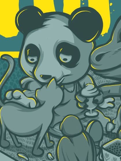 A close-up on the expressive faces of the panda and T-rex characters. Character design is about giving personality to even the most unlikely creatures.