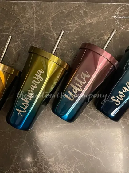 Our personalized metallic sippers are perfect for any occasion, from corporate gifting to fitness hampers. Available in a range of vibrant colors, these tumblers can be customized with names for a sleek, personal touch.
