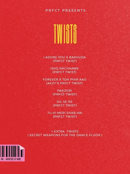 Here's the full tracklist for the 'TWISTS' mashup pack. It includes everything from 'I Adore You x Bakhuda' to 'Pasoori', plus some secret weapons for the dance floor.