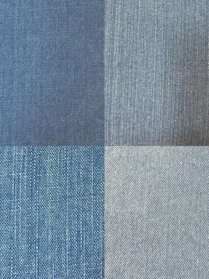 A sample of four light-colored denim fabrics. This shows the range of washes available, from sky blue to vintage-inspired faded tones.