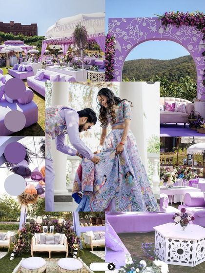 A serene and elegant Haldi with a lavender and lilac color palette. This is a chic and unexpected choice that creates a beautiful, dreamy setting.