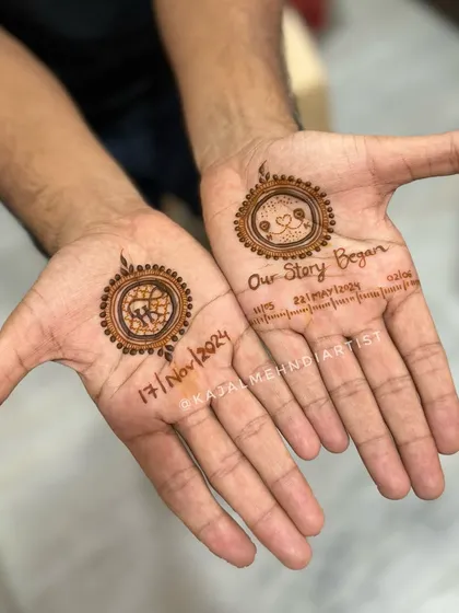 Groom's henna can tell a story too! For this groom, we included the date their story began, their wedding date, and their initials, creating a simple yet deeply personal design he will always remember.
