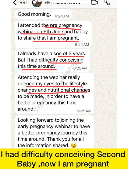 This student already had a son but had difficulty conceiving a second time. My webinar opened her eyes to the lifestyle and nutritional changes she needed to make.