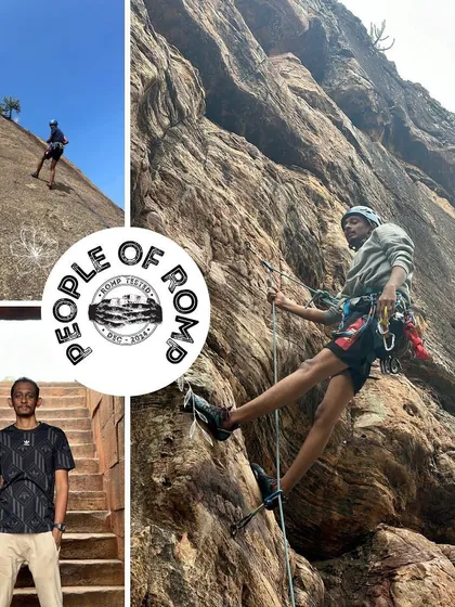 A collage of Nanda's climbing life. His story of getting hooked on his first outdoor lead climb is one many of us can relate to.