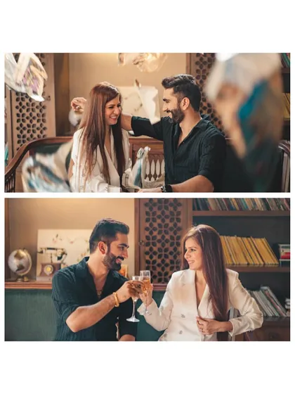 A collage showing the couple enjoying a sophisticated indoor setting, complete with a champagne toast. This theme is perfect for couples who appreciate a classic and elegant vibe for their pre-wedding shoot.