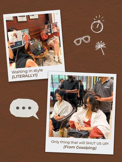 A collage capturing the reality of a salon trip with your bestie. It starts with waiting in style and ends with a relaxing treatment that's the only thing to pause the gossip.