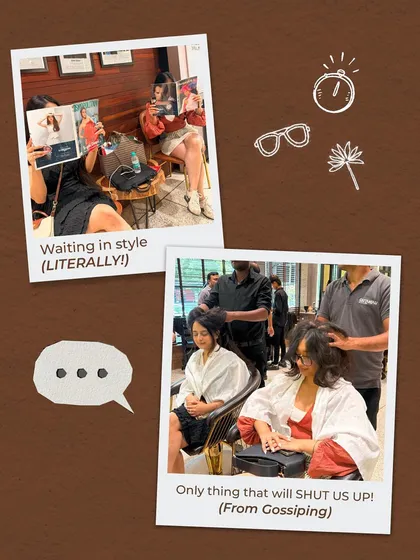 A collage capturing the reality of a salon trip with your bestie. It starts with waiting in style and ends with a relaxing treatment that's the only thing to pause the gossip.