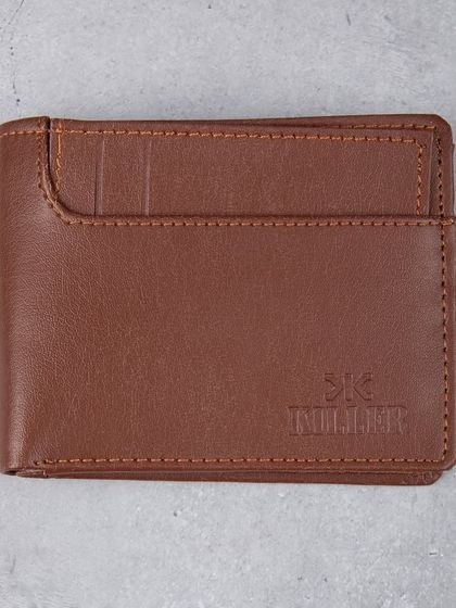 A flat, front-facing shot of a brown leather wallet, ideal for e-commerce product pages.