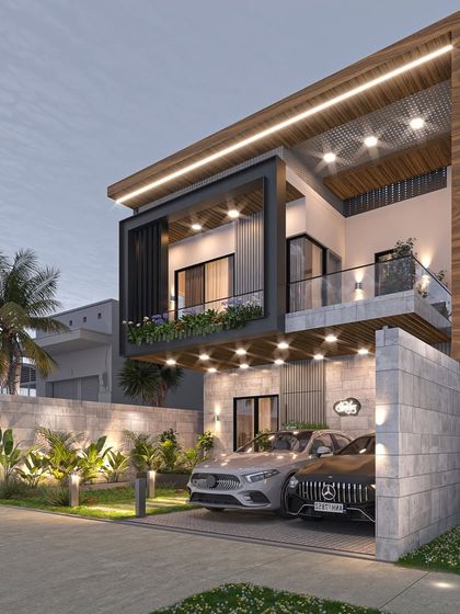 This view of the modern villa render highlights the strategic use of lighting to accentuate architectural features. The warm downlights and landscape lighting create an inviting glow, making the home feel welcoming even from the outside.