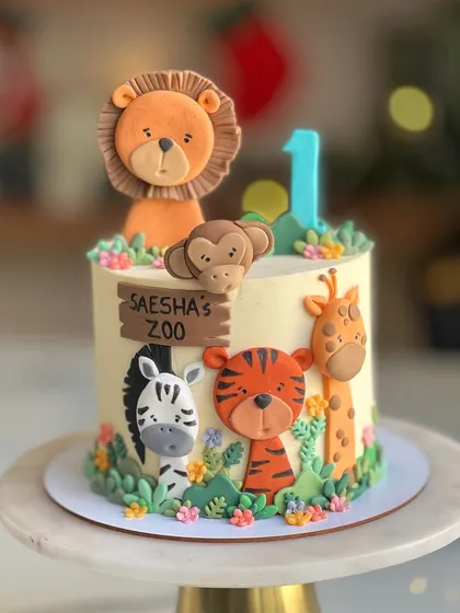 A sweet zoo-themed cake for a first birthday. This cake features cute 2D fondant animals like a lion, monkey, zebra, and tiger, all ready to party.