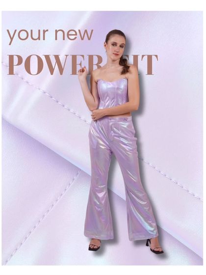 Your new power fit. This graphic highlights a stunning iridescent purple co-ord set with flared pants and a matching top.
