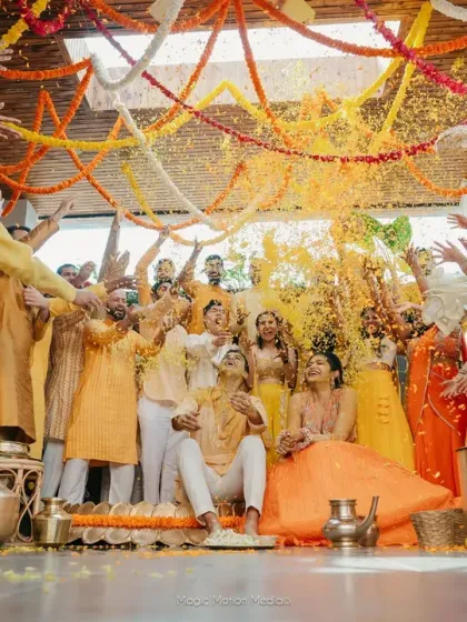 Pure fun and celebration during a Haldi ceremony, as friends and family shower the couple with flower petals. I manage all the event logistics so you can fully immerse yourself in these happy moments.