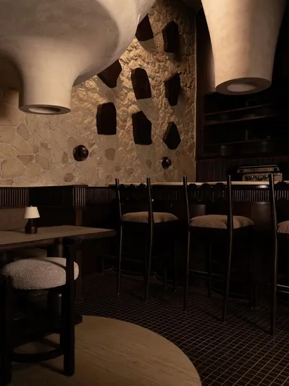 The bar area, where sculpted forms descend from the ceiling. These elements are not merely decorative; they are functional, housing lighting and ventilation while contributing to the space's unique, subterranean atmosphere.