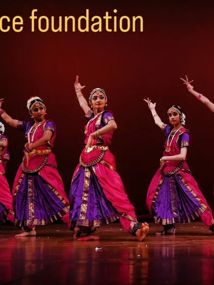 Our senior Bharatanatyam students performing on stage. We believe that performance is a crucial part of a dancer's journey, and we provide our students with numerous opportunities to showcase their hard-earned skills.