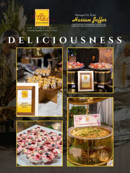 A collage showcasing the deliciousness we deliver, from dessert cups and macarons to savory chicken dishes, all presented beautifully at our events.
