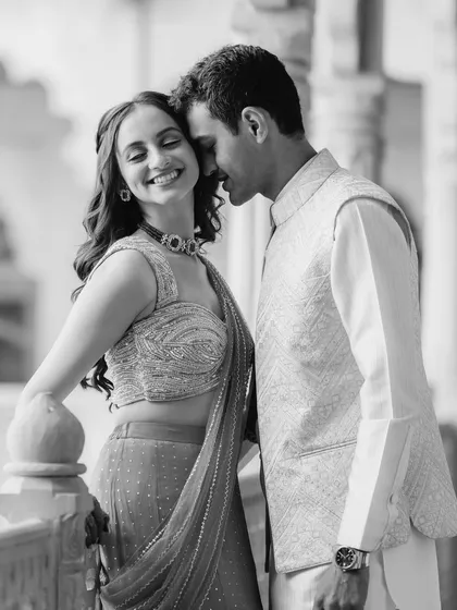 A beautiful black and white portrait of Saloni and Kanav. The soft light and their gentle interaction create a classic, romantic photograph that feels timeless.