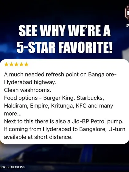 A 5-star review calling us a "much needed refresh point" on the highway, praising our clean washrooms, food options, and the adjacent petrol pump.