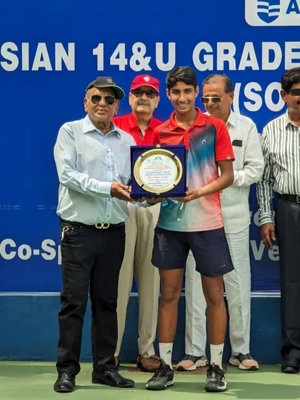 Tavish Pahwa receiving his trophy at the Under 14 Asian Grade A event in Hyderabad.
