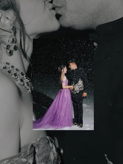 A romantic photo of a couple standing in the falling snow, framed by a black and white image of them kissing, creating a layered, artistic effect.