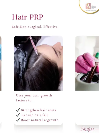 Hair PRP is a safe, non-surgical, and effective treatment that uses your own growth factors. We process your blood to create a concentrate that strengthens roots, reduces hair fall, and boosts natural regrowth.