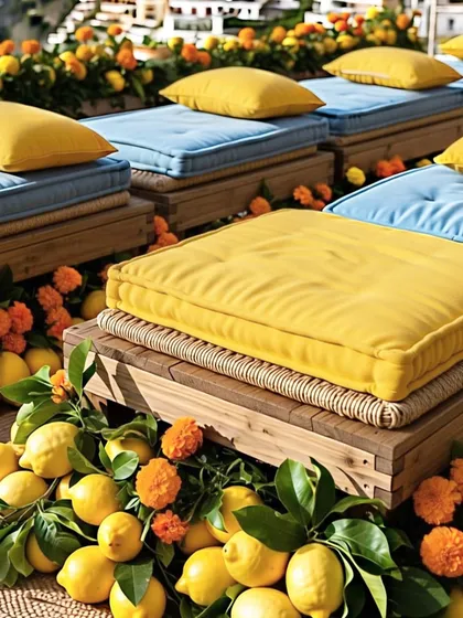 Low seating arrangement for the Positano Haldi, with wooden pallets topped with blue and yellow cushions. The seating is surrounded by piles of fresh lemons and marigolds, creating an immersive, fragrant experience.