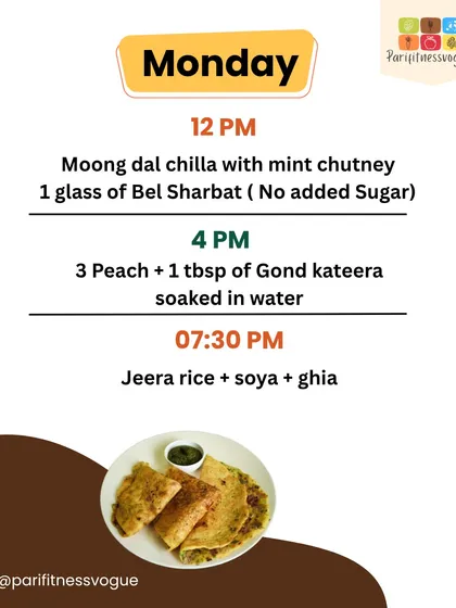 Monday's intermittent fasting meals, including moong dal chilla and a refreshing Bel sharbat without added sugar.