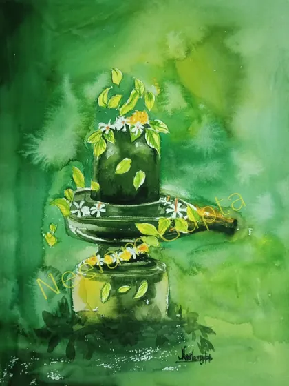 A watercolor painting of a Shivling adorned with leaves and flowers, created for Nag Panchami. The soft green background gives a feeling of peace and reverence.