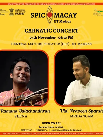 Poster for a Carnatic concert at IIT Madras, presented by SPIC MACAY, an organization dedicated to promoting Indian classical music among youth.