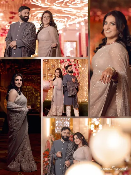 A collage from a reception, showing the couple with their elegantly dressed parents and other family members.