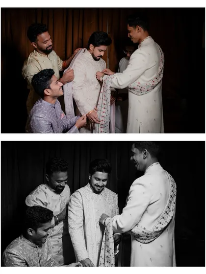 A collage showing the groom's friends helping him get ready, a testament to the bond of friendship on the wedding day.
