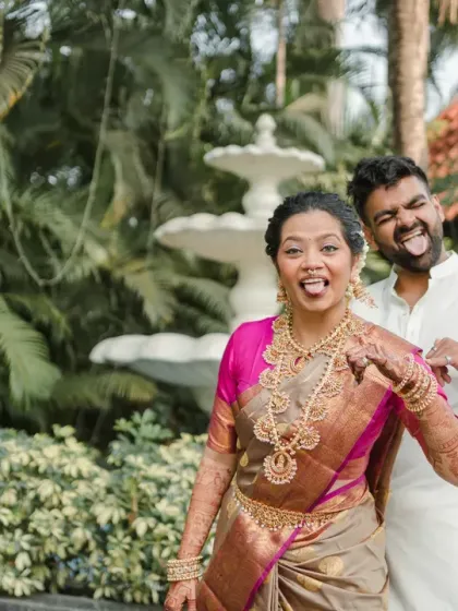 A fun and goofy moment from a South Indian themed Haldi. This shows the couple's playful side, blending tradition with their unique personalities.