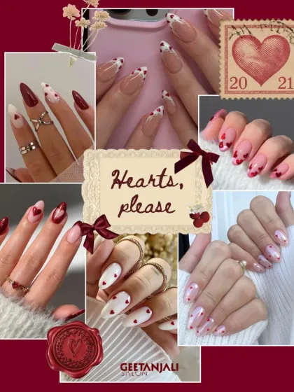 Hearts, please. For those who want to be a little more playful, this collage shows different ways I incorporate heart art into manicures, from tiny accents on a French tip to full-on patterns.