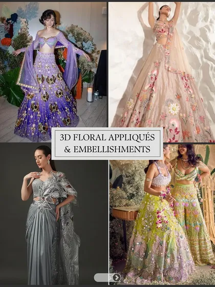 3D floral appliqués and embellishments add a touch of romance and whimsy to any outfit. This trend is perfect for a daytime wedding or a garden-themed Mehendi.