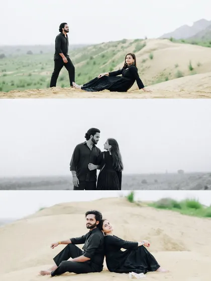 A collage of three images from a sand dune shoot, blending a wide shot with more intimate black and white portraits.