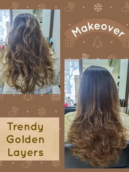 This makeover features trendy golden layers. The warm, golden highlights are perfect for adding richness and shine to brunette hair.