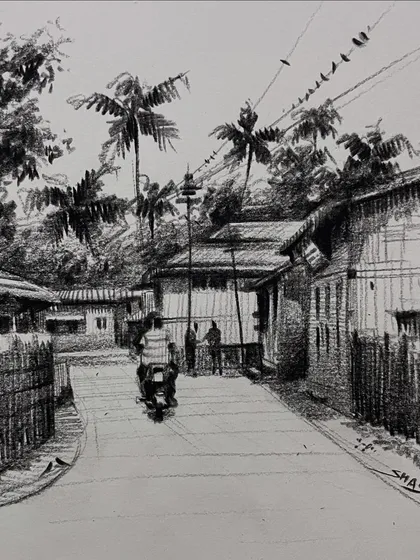 A series of my pencil landscape sketches, created as demonstrations for my online courses. These drawings explore different techniques for rendering trees, buildings, and atmospheric perspective using only graphite.